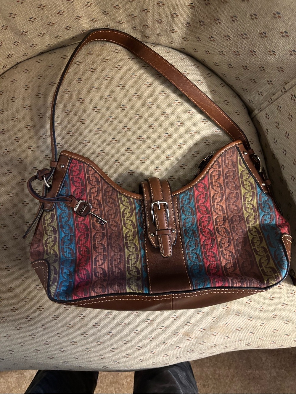 Fossil Multicolor Striped Logo-Print Brown Leather Shoulder Bag